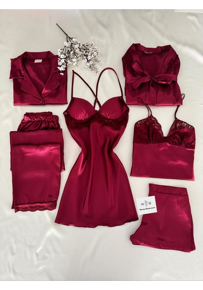 Mh Moony Homewears Soso Kutulu Altılı Saten Sabahlık Kaplı Gecelik Pijama Çeyiz Seti Bordo