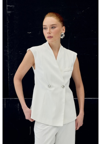 Sateen Anna Çizgili Yelek - Ekru-137103 Ekru