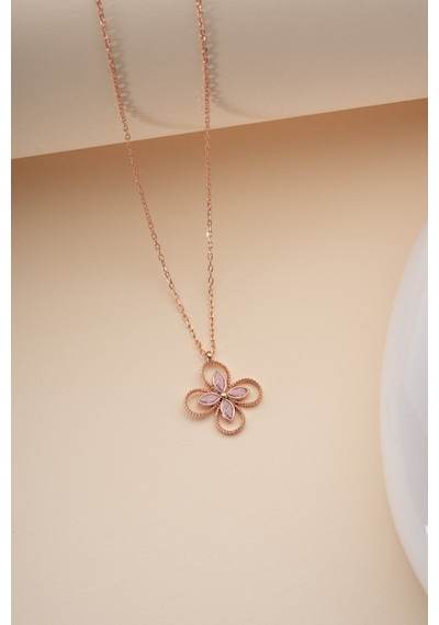 925 Ayar Gümüş Rose Kaplama Pembe Taşlı 4 Yapraklı Yonca Kolye Rose Gold