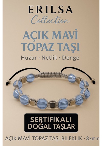 Sertifikalı Açık Mavi Topaz Doğal Taş Bileklik - 8x8 Mm Netlik Hu Çok Renkli