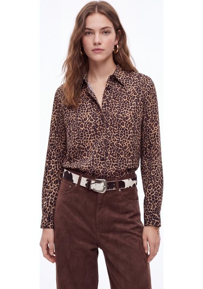 LTB Straight Fit Leopar Desenli Uzun Kollu Siyah Gömlek