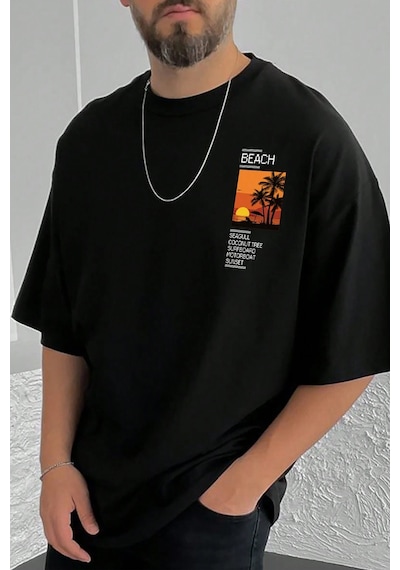 Erkek Beach Baskılı Oversize Tshirt Siyah
