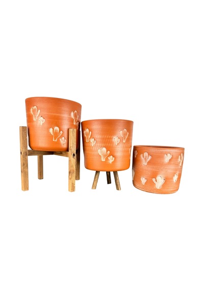 Bitki Tasarımı Ev Dekorasyon Aksesuar Kaktüs Desenli Toprak Saksı Saksılık Salon Çiçeklik Üçlü Set - 19 Cm