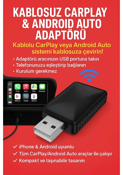 Zenvia Kablosuz Carplay & Android Auto Adaptörü - Apple Ve Android Cihazlar İçin Evrensel Wireless Carplay Çevirici