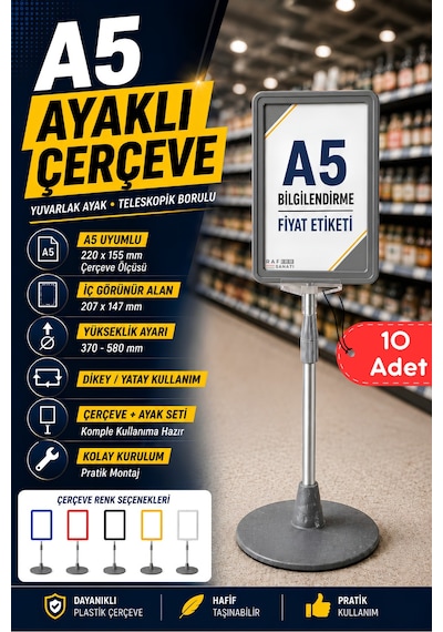10 Adet - A5 Ayaklı Menü Ve Fiyat Bilgi Standı Yuvarlak Tabanlı Teleskopik Çerçeve Etiketlik Gri