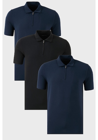 Buratti Streç Pamuklu Regular Fit Yarım Fermuarlı 3'Lü Paket Erkek Polo Yaka T Shirt 5902972S3 Indigo-Indigo-Siyah