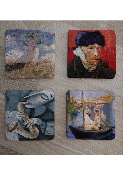 Van Gogh Claude Monet Ve Saksafon Çalan Adam Doğal Taş Bardak Altlığı 4'lü Set - Natural Stone Coasters - Taş Çok Renkli