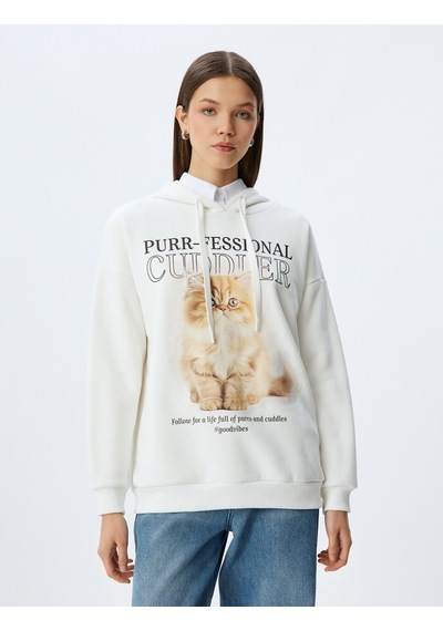 Koton Kedi Baskılı Kapüşonlu Rahat Kalıp Şardonlu Sweatshirt Ekru 5wal10590ık Ekru