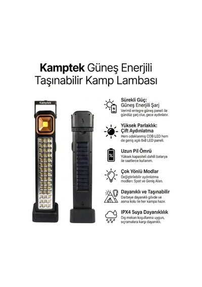 Kamptek Güneş Enerjili 5 Fonksiyonlu Şarj Edilebilir Led Kamp Lambası Ve El Feneri - Standlı Işıldak Uzun Süreli Kullanım Fener Siyah Kamptek Güneş Enerjili 5 Fonksiyonlu Şarj Edilebilir Led Kamp Lambası Ve El Feneri - Standlı Işıldak Uzun Süreli Kullanım Fener Siyah