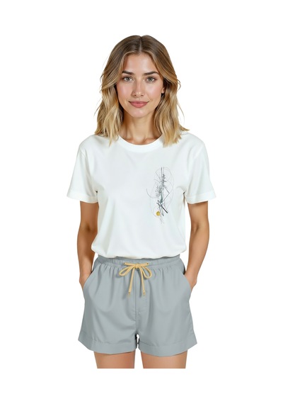 Kadın Beyaz Relaxed Fit %100 Pamuk Tişört İnce Çizgisel Soyut B Beyaz