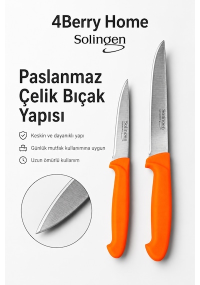 Solingen 2 Li Paslanmaz Çelik Mutfak Bıçağı Seti Et, Meyve Ve Sebze Bıçağı Turuncu