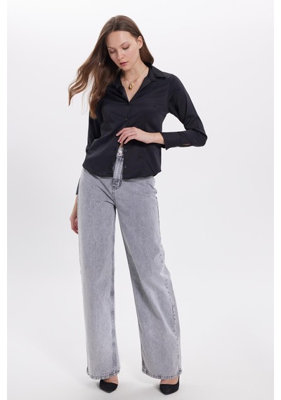 Tudors Kadın Slim Fit Dar Kesim Klasik Yaka Uzun Kollu Siyah Gömlek-40350 Siyah