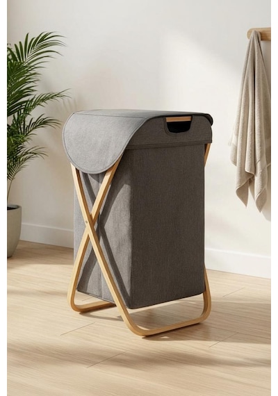 Digithome Bambu Çapraz Ayaklı Banyo Kirli Çamaşır Sepeti Banyo Düzenleyici Sepet Kahverengi