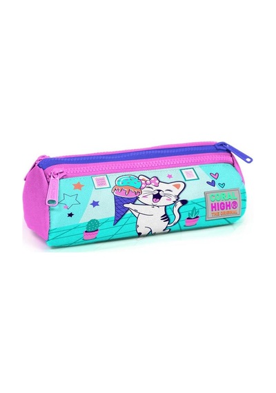Coral High Kids Turkuaz Pembe Dondurmalı Kedi Desenli Üç Bölmeli Kalem Çantası 22051 Çok Renkli
