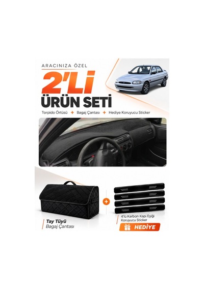 E-biz Ford Escort 1996-2002 Uyumlu Torpido Örtüsü + Tay Tüyü Bagaj Çantası Seti - Siyah - Fo014