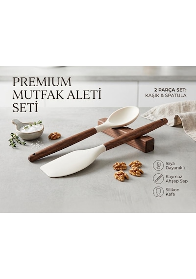 Mutfak Gurmesi - 2'li Premium Silikon Ve Akasya Ahşap Mutfak Gereçleri Seti / Isıya Dayanıklı Spatula Ve Servis Ka Diğer