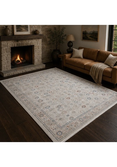 Otantik Modern Eskitme Saçaklı Dokuma Salon Halısı Krem Mavi Kiremit 200x290 Cm 1