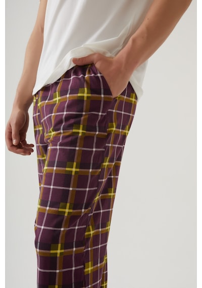 Erkek Kısa Kollu Pamuklu Ekose Desenli Breakfast Baskılı Pijama Takımı Ke30216 Sarı