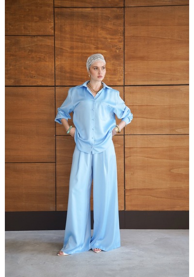 Verymoda Yüksek Bel Bol Paça Saten Pantolon Şık Ve Rahat Tasarım F2052 Mavi
