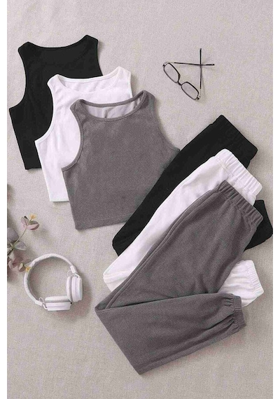 Merry See Tek Renk 1 Takım Kolsuz Polarlı Alt Üst Pijama Takımı Gri 001