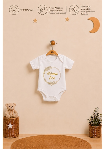 Pia Baby İsme Özel Kız Bebek Hediyesi 2'li %100 Pamuk Organik Baskılı Çıtçıtlı Body Zıbın Ve Ham Bez Kıyafet Kesesi 1066b2k2x Ekru