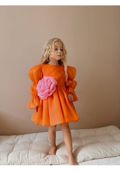 Linola Baby Kids Rose Oranj Şifon Kız Çocuk Parti Elbisesi Turuncu