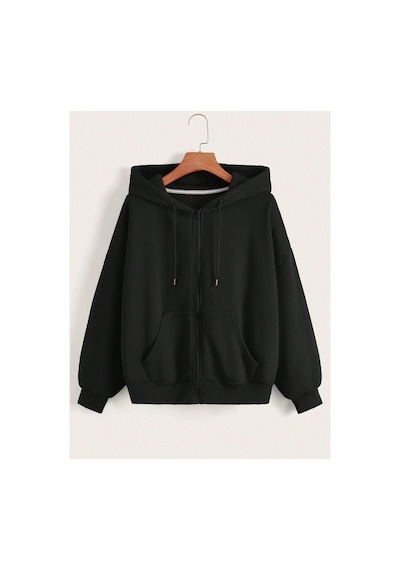Tarzsokak Coke Serisi Slogan & Butterfly Print Drop Shoulder Drawstring Zipper Thermal Lined Hoodie Siyah