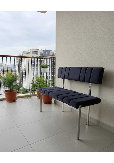 Özcan Metal Metal Krom Ayaklı Sırtlı Mutfak Salon Antre Yatak Odası Balkon Puf Bank Oturak Bench Lacivert