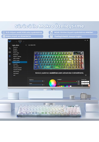 Aula F98 Pro V3 Oled Ekranlı Crystal Switch Makrolu Kablosuz Rgb Hot-swap Gasket Pre-lubed Switch Mekanik Klavye Şeffaf