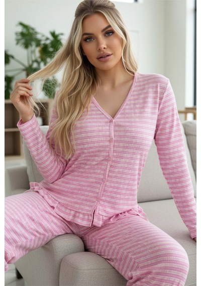Siyah İnci Bürümcük-krınkıl Uzun Kollu Düğmeli Örme Pijama Takım 7990 Pembe