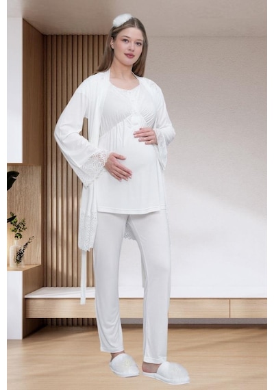 Mecit Pijama Mecit 6203 Bayan Ekru Sabahlıklı Hamile Lohusa Pijama Takımı