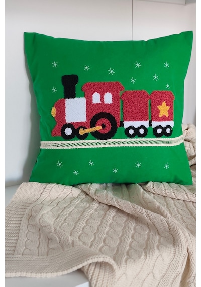 Tren Nakışlı Dantelli Dekoratif Kırlent Kılıfı - Punch İşlemeli Çocuk Odası Dekoru - 43x43 Cm Yesıl Yeşil