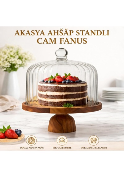 Homes Akasya Ahşap Standlı Cam Fanus Ayaklı Kek Ve Pasta Sunum Standı, Ahşap Servis Tabağı Ve Cam Kapaklı Ca Diğer