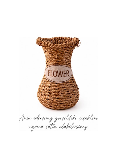 El Yapımı Vintage Tasarım Doğal Hasır Vazo,18 Cm,dekoratif Flower Yazılı Bohem Rattan Saksı,çiçeklik Bej