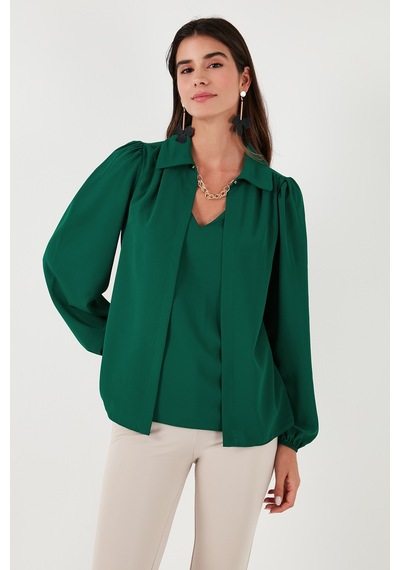 Lela Regular Fit V Yaka Balon Kol Bayan Bluz 611Bz0353 Zümrüt