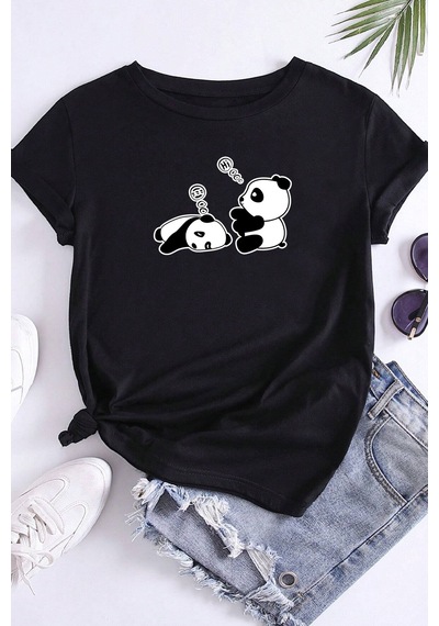 Unisex Uykucu Panda Baskılı Tasarım Tshirt Siyah
