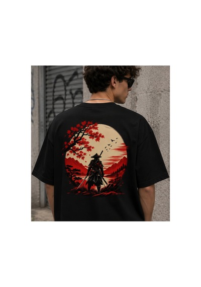 Qmen Style Unisex Siyah Oversize Baskılı T-shirt Japon %100 Pamuk