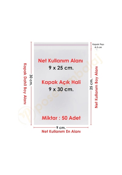 9x25+5 Cm. 9x30 50 Adet Şeffaf Bantlı Yapışkanlı Opp Poşet