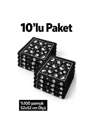 Herşeynota 10 Lu Siyah Yin Yang Desenli %100 Pamuk 52x52 Cm Fular Bandana Seti Çok Renkli