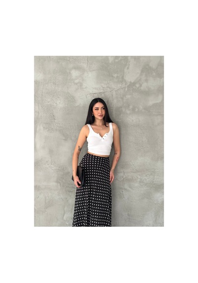 Gugus Kadın Puantiye Desenli Uzun Şifon Etek Astar 92 Cm Tam Boy 102cm Siyah