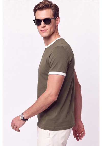 Efor Slim Fit Bisiklet Yaka Haki - Ekru Tişört Ts 932 Haki-ekru