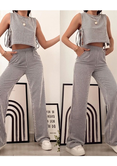 Hgfashion Siyah Çizgili Yandan Bağlamalı Sıfır Kol Crop Pantolon Kadın Alt-üst Takımı Siyah Beyaz