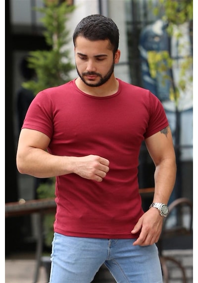 Madmext Madmext Bisiklet Yaka Bordo Basic Tişört 4077-bordo Bordo