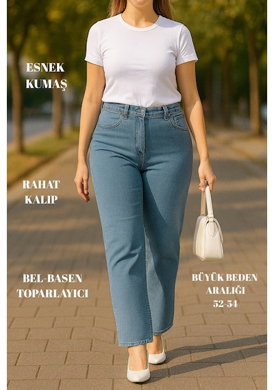 Cedy Denim Cedy Denım - Kadın Büyük Benden Boru Paça Yüksek Bel Regular Fit Likralı Pantolon C626 Açık Mavi