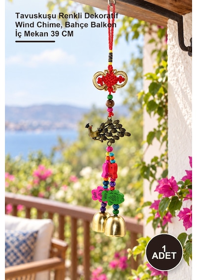 1 Adet Rüzgar Çanı Tavuskuşu Renkli Dekoratif Wind Chime, Bahçe Balkon İç Mekan 39 Cm