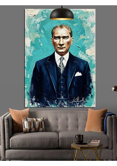 Mavi Fonlu Mustafa Kemal Atatürk Portresi Dekoratif Kanvas - Mdf Ahşap Tablo