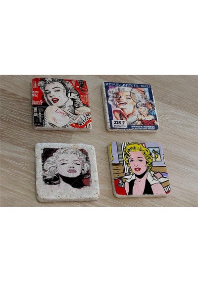 Marilyn Monroe Pul Ve Portreleri Doğal Taş Bardak Altlığı 4'lü Set - Natural Stone Coasters - Taş Çok Renkli