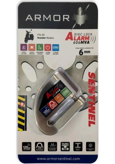 Armor Alarmlı Motorsiklet Disk Kilidi Çelik Gövde 606 Mva 6mm-inox