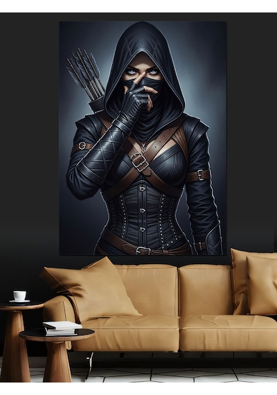 Ahşap Tablo Siyah Giyimli Ninja Savaşçı