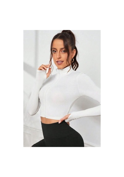 Genel Markalar Fermuarlı Uzun Kollu Parmaklık Detaylı Dik Yaka Crop Top Bluz Beyaz BEYAZ